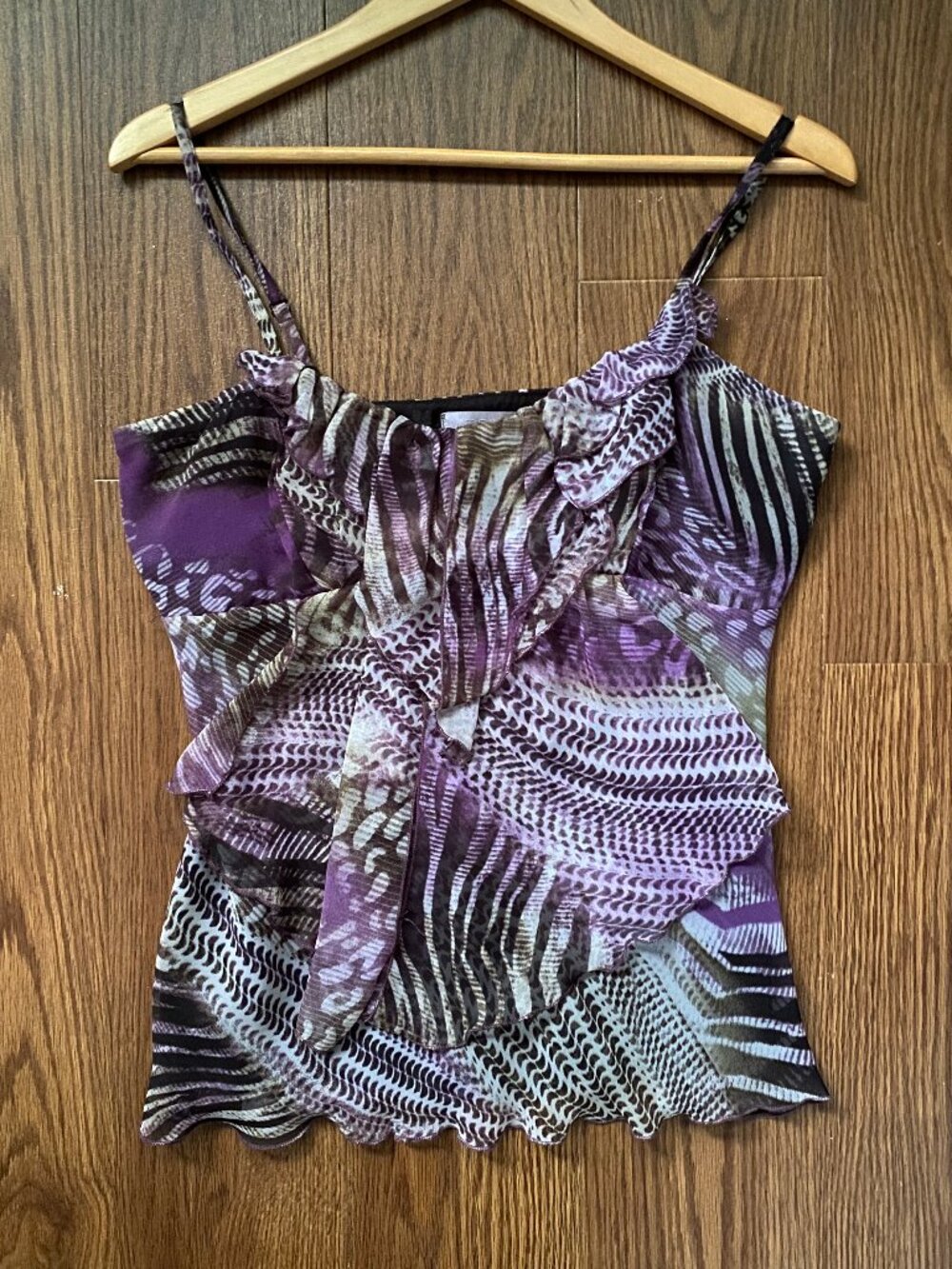 Vintage TEMT Australia Purple Zebra Mesh Ruffle Camisole Top Size 10